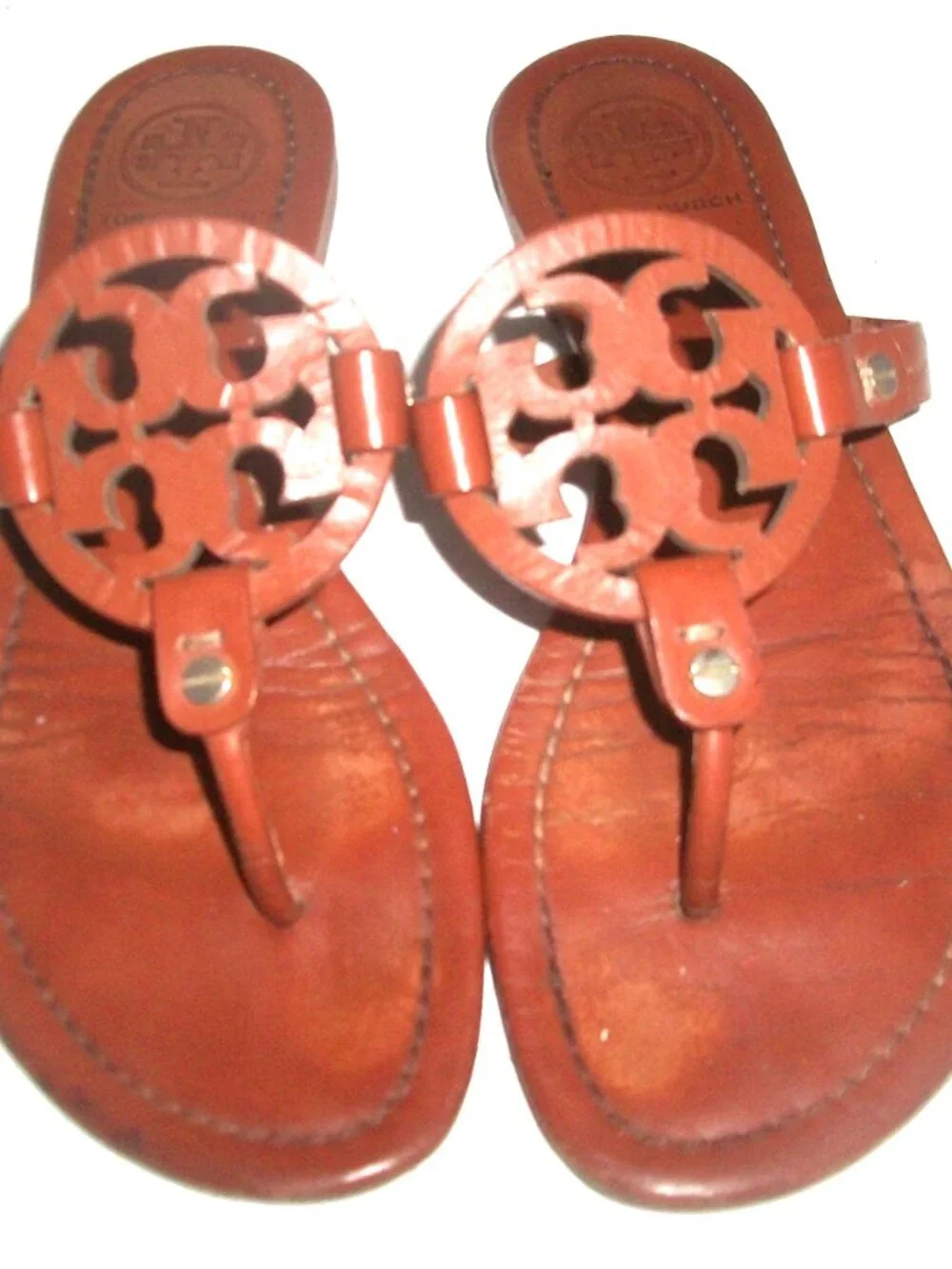 Tory Burch Miller Caramel Leather Large-Logo Thong Sandals